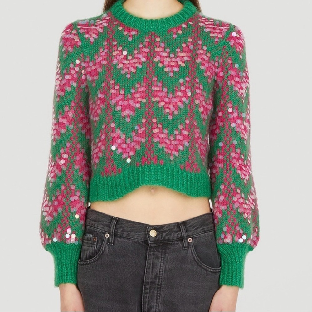 NWT - GUCCI - Green + Pink Patterned Knit Sweater